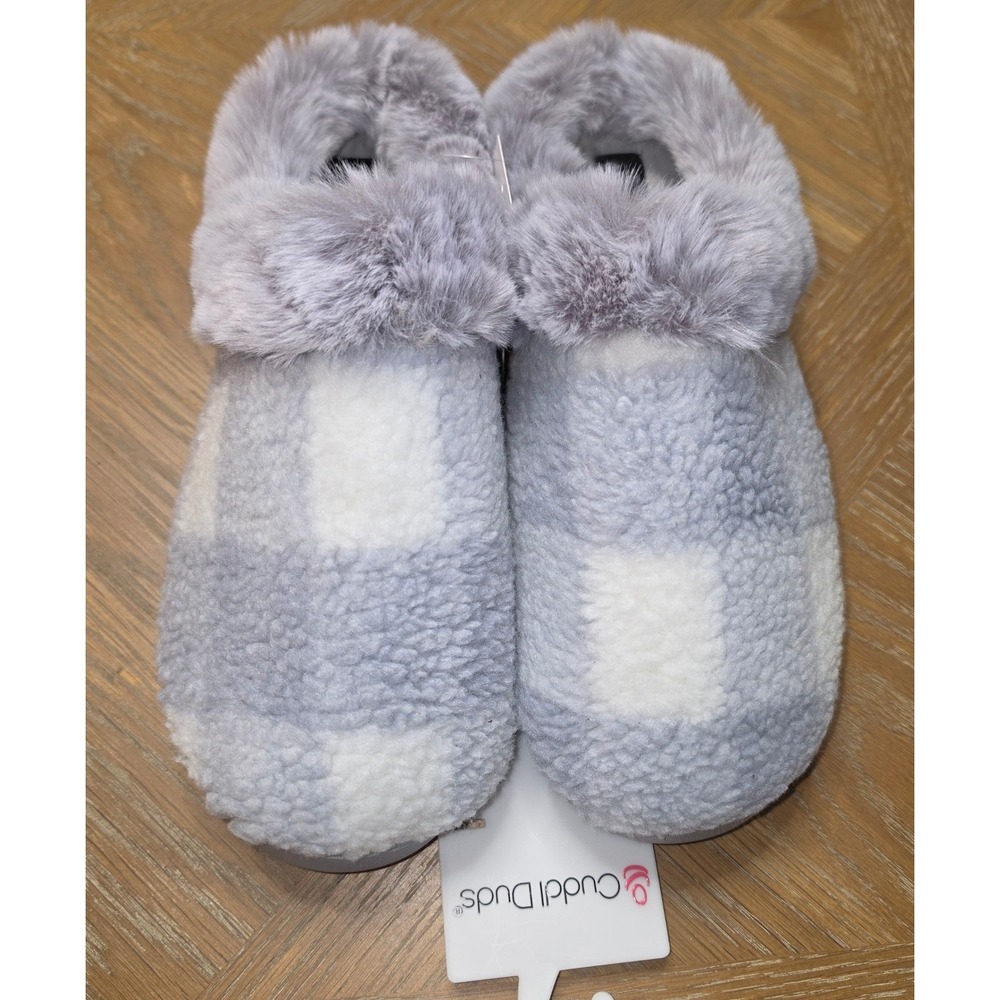 Cuddl Duds Womens Gray Plaid Faux Fur Sherpa Slippers 03LZP09951 XL 11-12 NWT